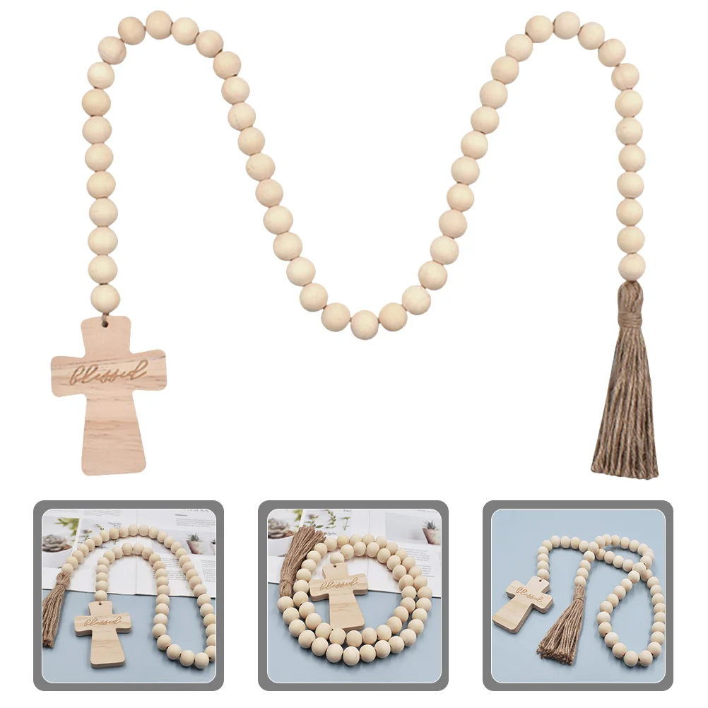 

Wooden Beads Decor Wood Bead Garland with Tassel Cross Holiday Wood Bead Garland Rustic Tiered Tray Ornament