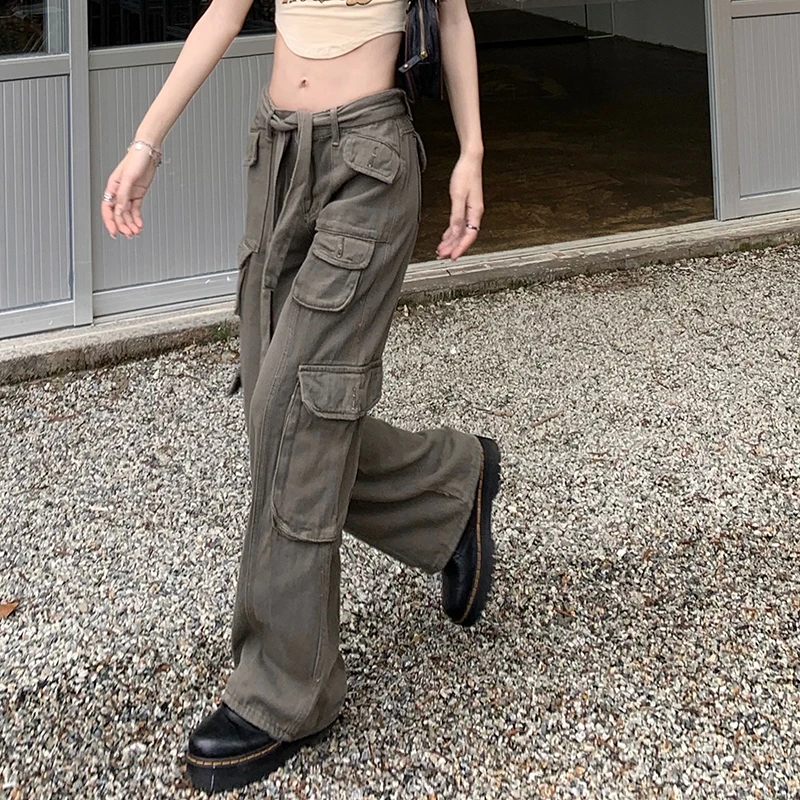 

2023 Autumn Casual Pants Women's Retro Cargo Pants Sexy Low Waist Wide Legs Loose Straight Trousers Streetwear New 23134