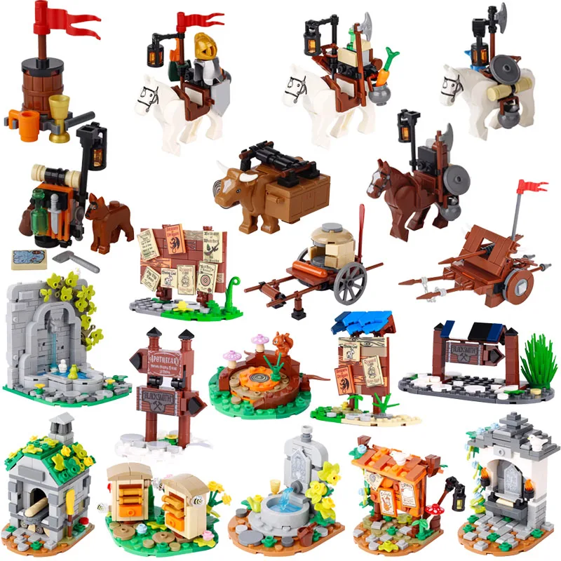MOC Средневековая городская сцена Строительные блоки Транспортное место Лошади
