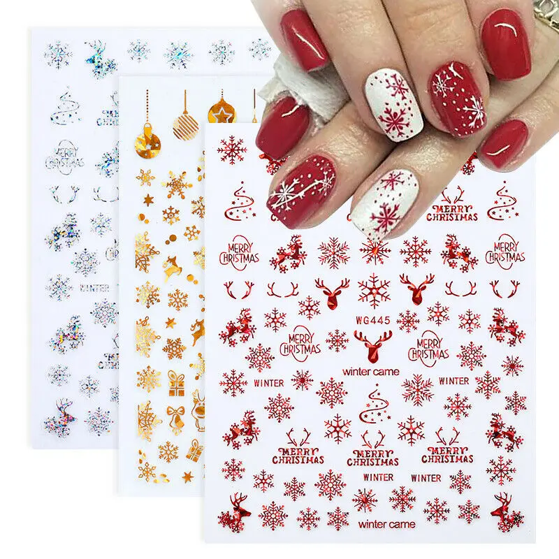 

Holographic Laser Gold White Christmas Nail Sticker Xmas Decal DIY 3D Snowflakes Geometry Lines Letter For Manicure Sliders