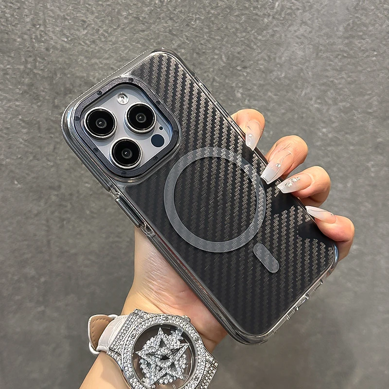 Роскошный металлический чехол MagSafe из углеродного волокна с линзами для телефона