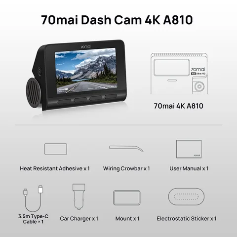 70mai Новый видеорегистратор 4K A810, угол обзора 150°, 3840*2160, HDR, 60 кадров в секунду, AI, обнаружение движения, ADAS, встроенный GPS, автомобильный видеорегистратор A810, дополнительная задняя камера