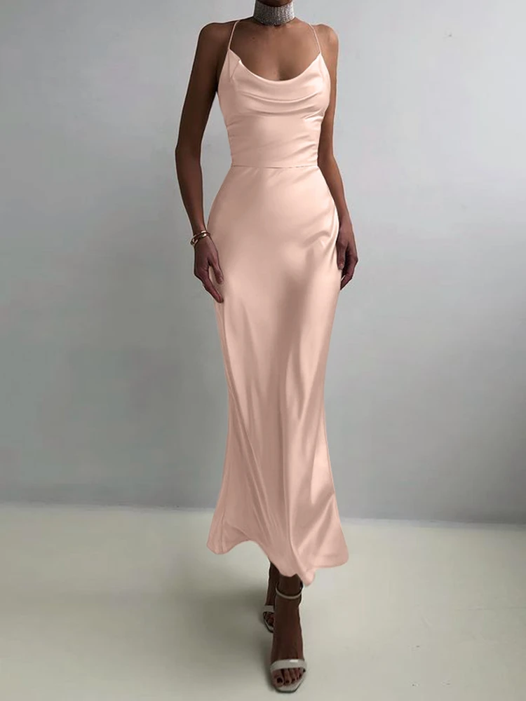 

Women Satin Backless Long Dress Celmia Sexy Spaghetti Strap Bodycon Party Dress 2022 Summer Fashion Hollow Club Maxi Vestidos