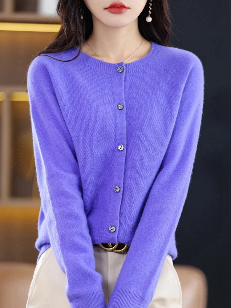 Женский модный кардиган из мериносовой шерсти свитер с круглым вырезом и длинным