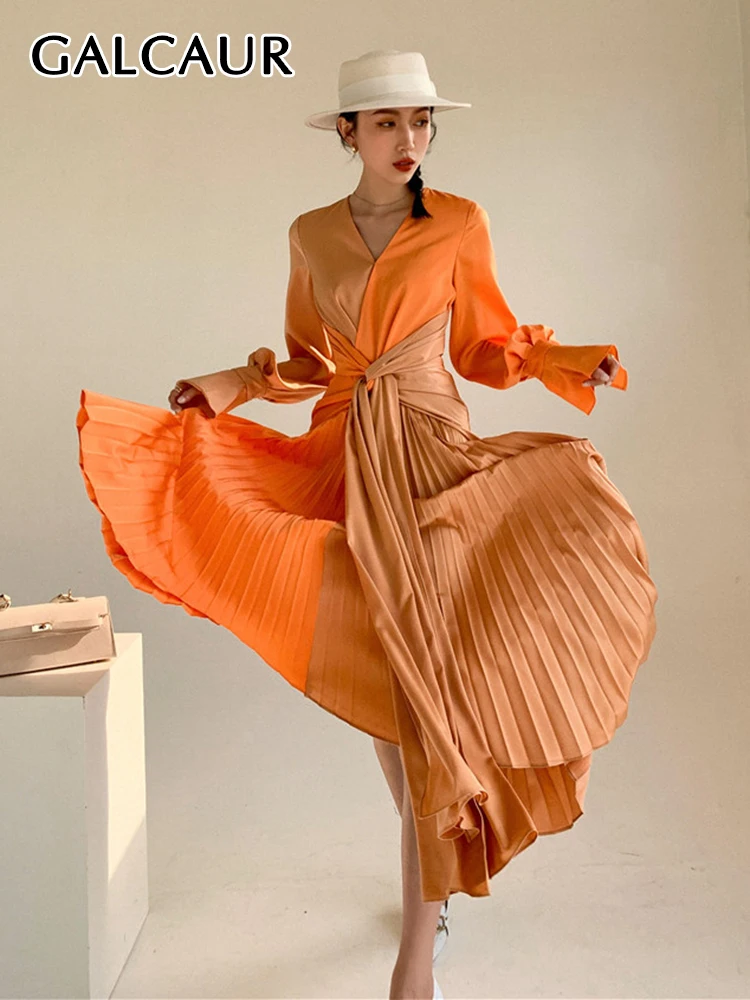 

GALCAUR Patchwork Colorblock Dress For Women V Neck Flare Long Sleeve Lace Up High Waist Long Dresses Female 2022 Spring Clothes