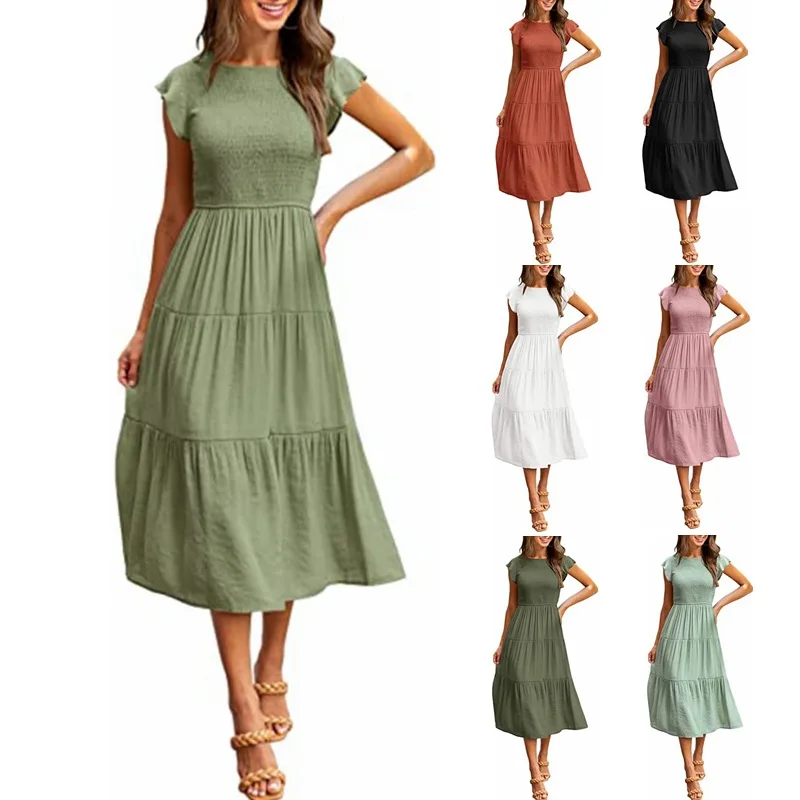 

2022 Summer Fashion O Neck Women's Maxi Dress Casual Solid Short Sleeve A Line Ruched Empire Elegant Lady Layered Dress Vestidos