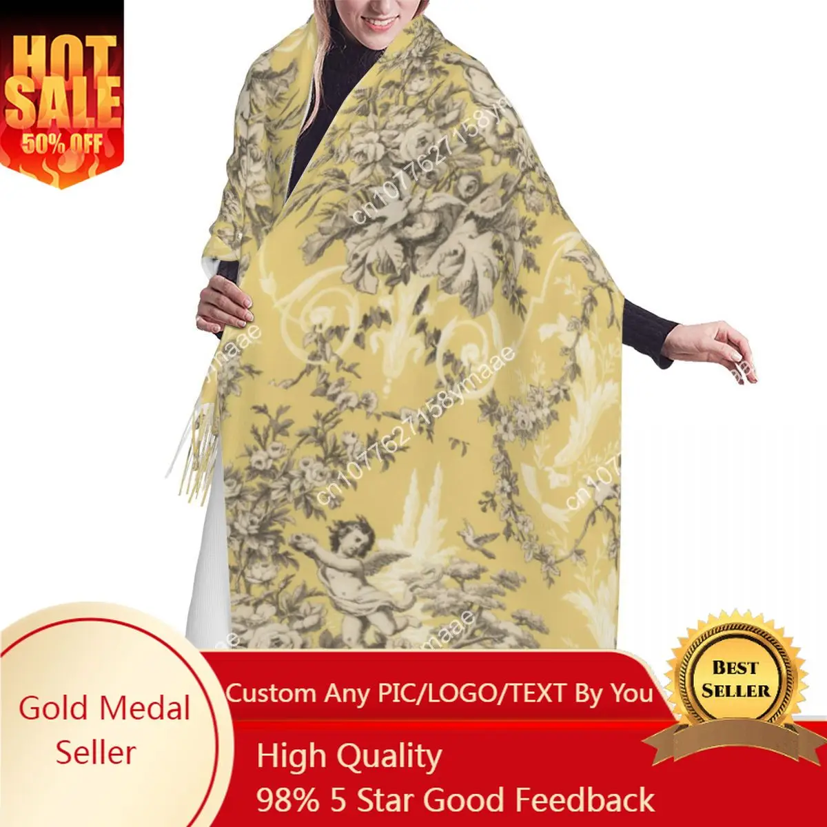 

Vintage French Toile De Jouy Scarf Wrap Women Long Winter Fall Warm Tassel Shawl Unisex Antique Traditional France Art Scarves
