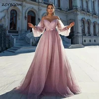 princess pink glitter tulle a line prom gowns sweetheart off the shoulder long puffy sleeves elegant beading evening dresses