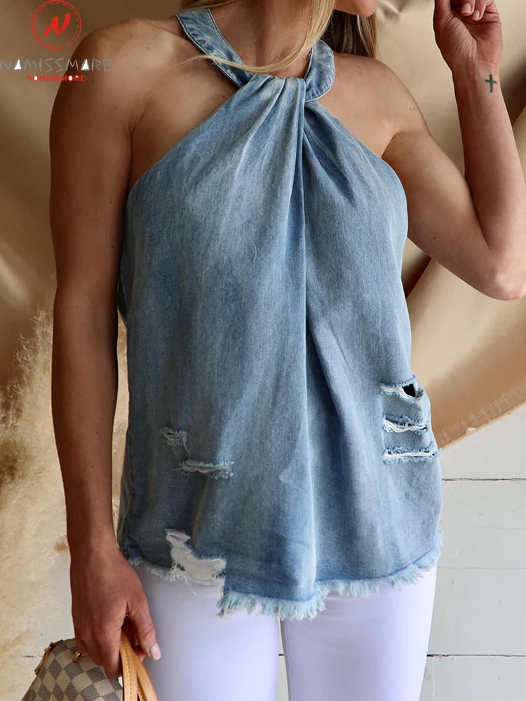 

Женские однотонные джинсовые майки в английском стиле, ажурные дизайнерские пуловеры с кисточками и лямкой на шее без рукавов, повседневны...