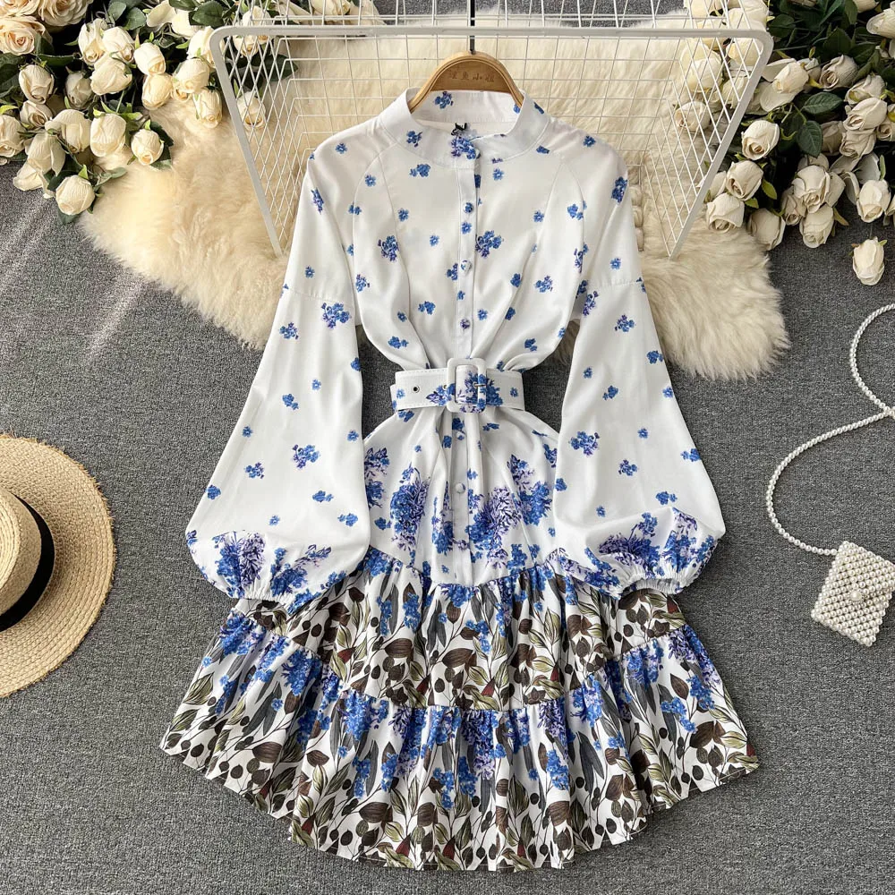 

2022 Весенний Новый Винтажный комбинезон высокого качества со шнуровкой, приталенное платье трапециевидной формы с воротником-стойкой и рукавами-фонариками