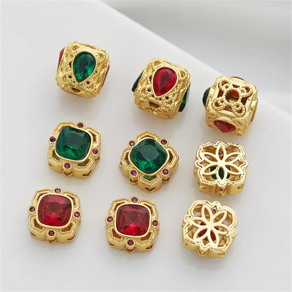 

Matte gold electroplated gold coated diamond zirconium hollow flat bead square bead 10mm string diy handmade jewelry chain