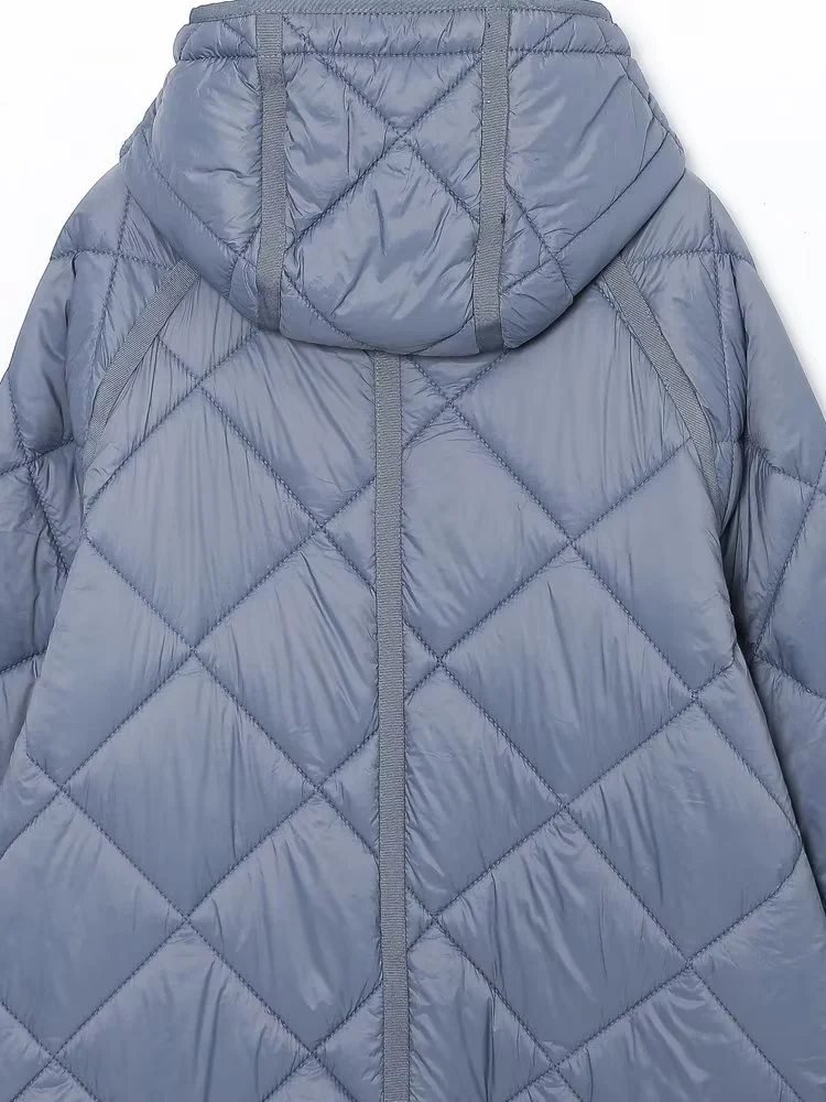 KEYANKETIAN Women's light blue long hooded cotton coat new winter casual pocket with diamond quilted check zipper parka coat