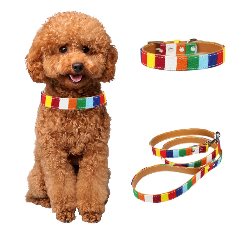 

Colorful Dog Collar Rainbow Canvas Leash Adjustable Cat Dog Collar Puppy Necklace Correa Perro French Bulldog Dog Accessories