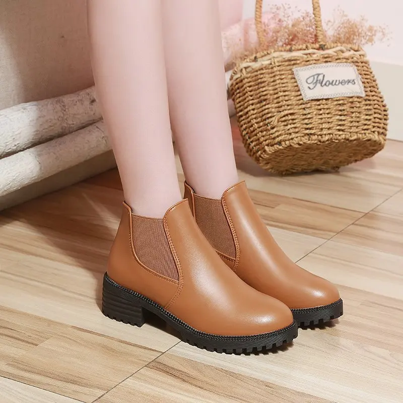 Women Ankle Boots Autumn New Woman Fashion British Style Black Casual PU Dress Shoes Female Motorcycle