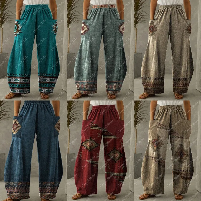 

High Waist Loose Long Wide Leg Women's Pants & Trousers 2022 Spring Casual Vintage Ethnic Style With Pocket Pants