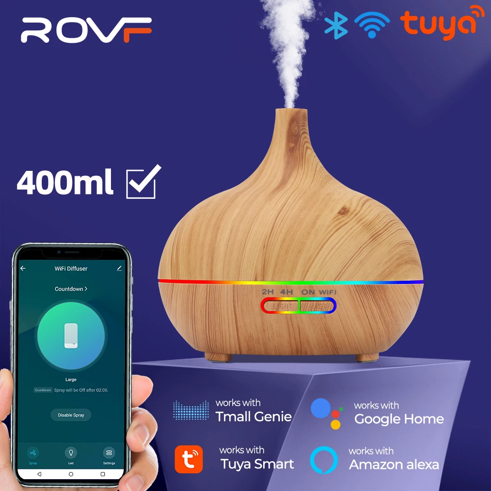 

Tuya WiFi Smart Home Humidifier Essential Aroma Oil Diffuser Ultrasonic 400ml Wood Grain Air Humidifier Mist Maker LED Light