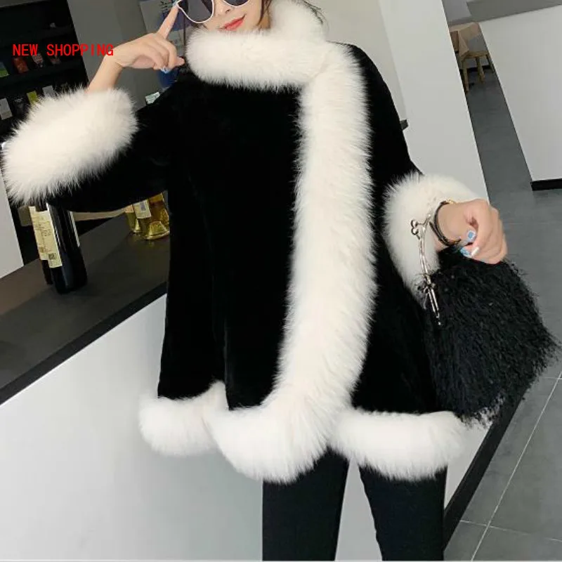 Black Cape Coat Women Autumn Winter Warm Fur Coats New Luxurious Imitation Mink Velvet Thicken Cloak Overcoat Fur Shawl 2021 New