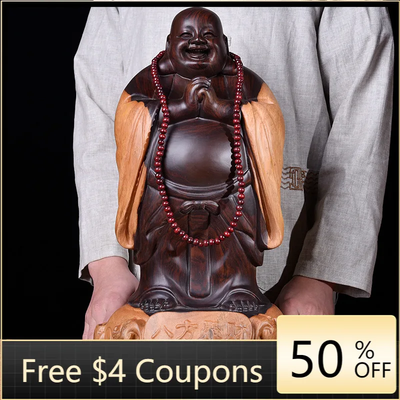 

Ebony Wood Carving Maitreya Statue Decoration Eight Square Gathering Fortune Smiling Buddha Carved Rosewood Home Living Room