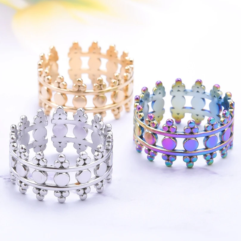 

1/3pcs 9# Openwork Wide Three Tone Candy Pattern Rails Ring Adjustable Stainless Steel Finger Rings Gold Color Party Jewelry