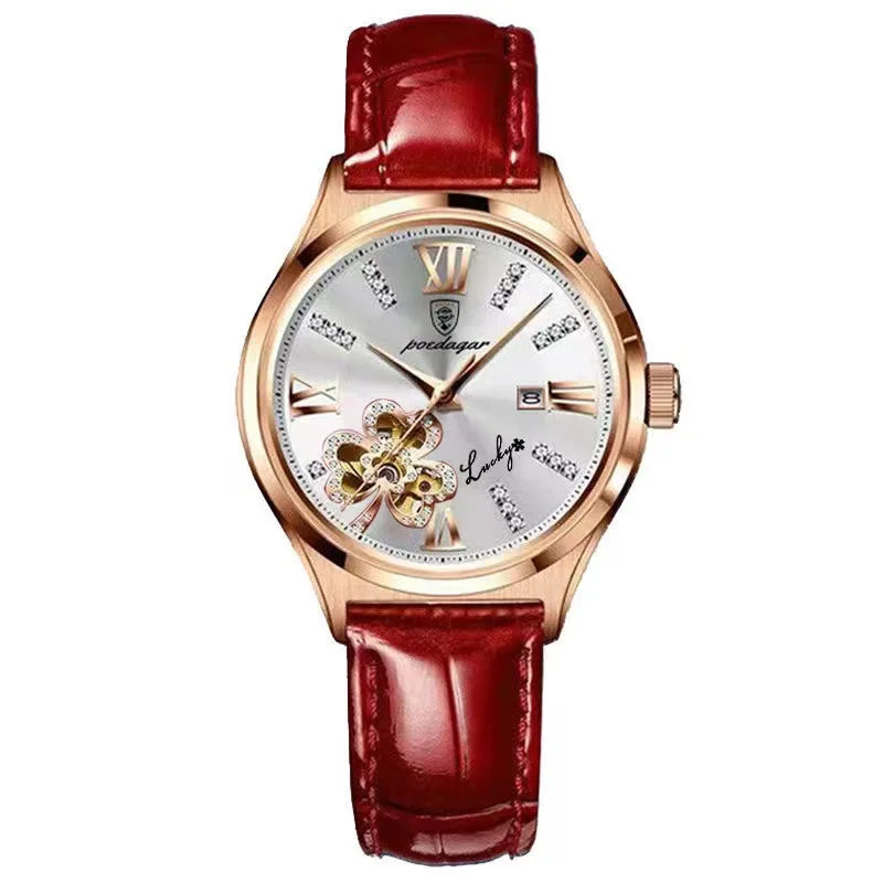POEDAGAR Popular Waterproof Women's Watch Calendar Quartz Cowhide Watch Lucky Clover Series Blue Synthetic Gem Glass Mirror