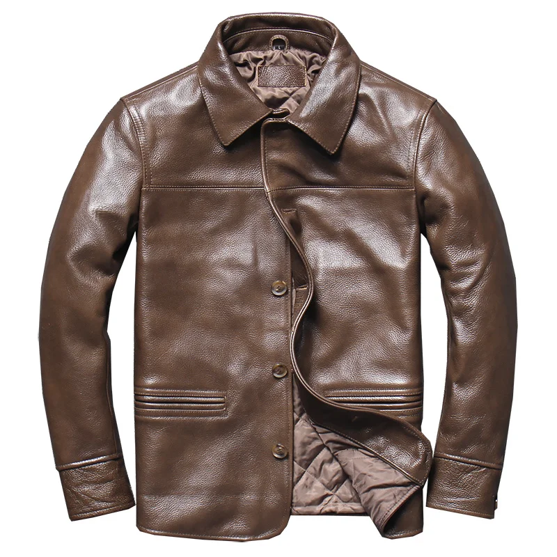 

2022 New Batik Genuine Leather Jacket Men's Lapel Top Layer Cowhide Casual Plus Cotton Autumn And WinterJacket