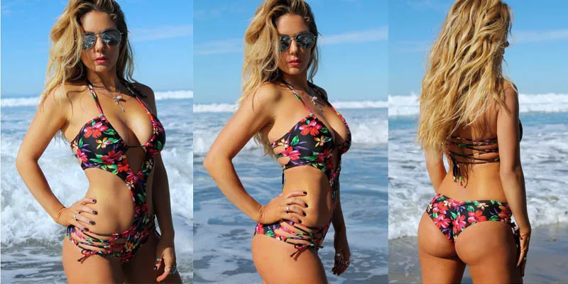 Сексуальный купальник-трикини с цветочным принтом цельный купальный костюм