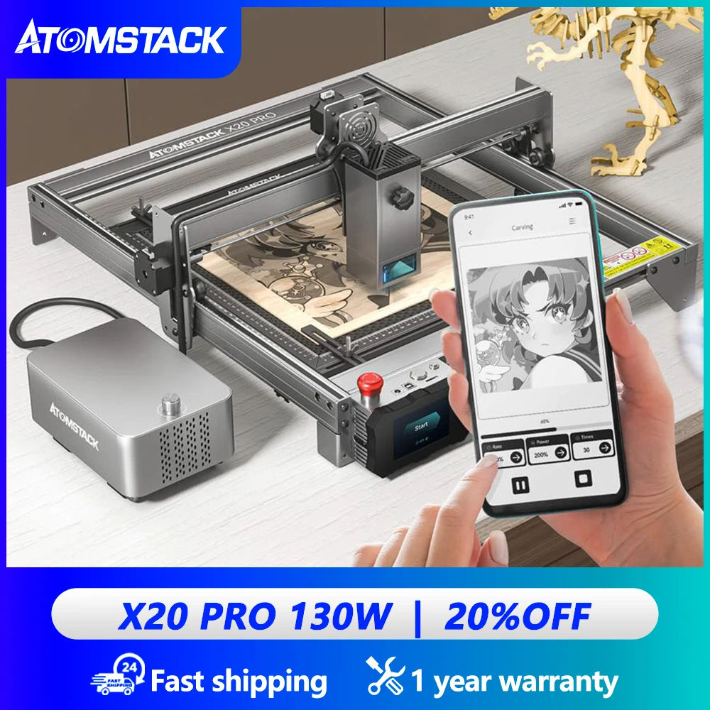 

ATOMSTACK X20 S20 A20 Pro 130W Quad-Laser Engraver Engraving Cutting Machine Built-in Air Assist App Control Support Offline