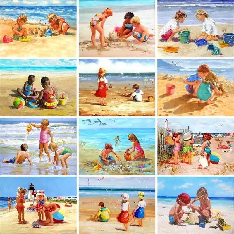 

GATYZTORY 60x75cm Frameless Painting By Numbers Beach Kids Landscape pictures by numbers DIY For Home Decoration Unique Gift