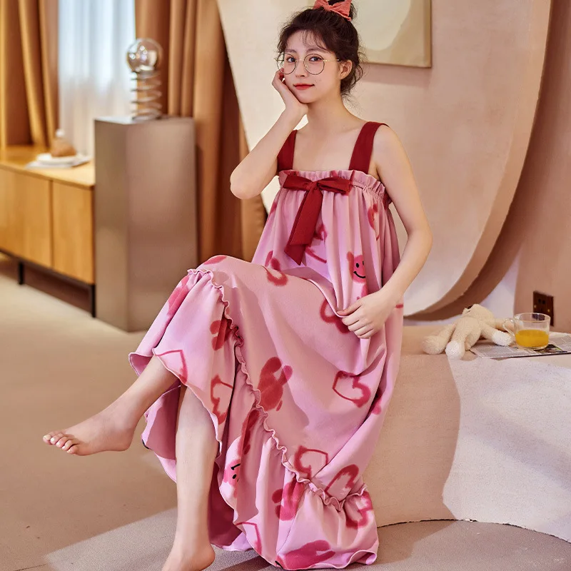 

Women Cotton Sleepwear Casual Soft Love Heart Print Sleep Sleeveless Dress Pajamas