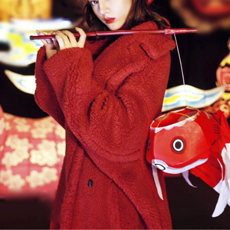 2021 Women Winter Coat Warm Mid-length Jacket Longsleeve Wool Coat Ladies Fashon Faux Fur Lapel Wool Trendy Long High Street Fur