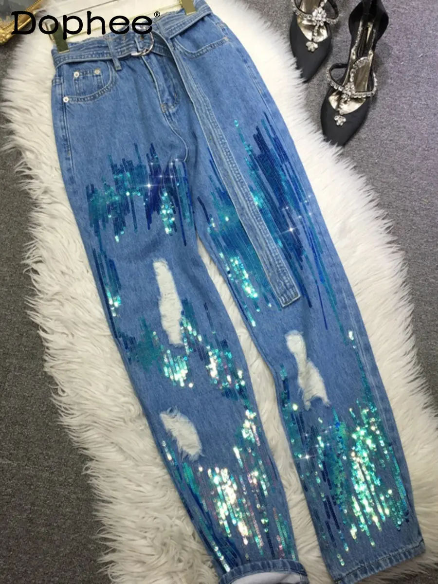 Heavy Industry Manual Sequined Denim Pants Women Elastic High Waist Slimming Ripped Jeans 2023 Spring New Baggy Pantalon Female