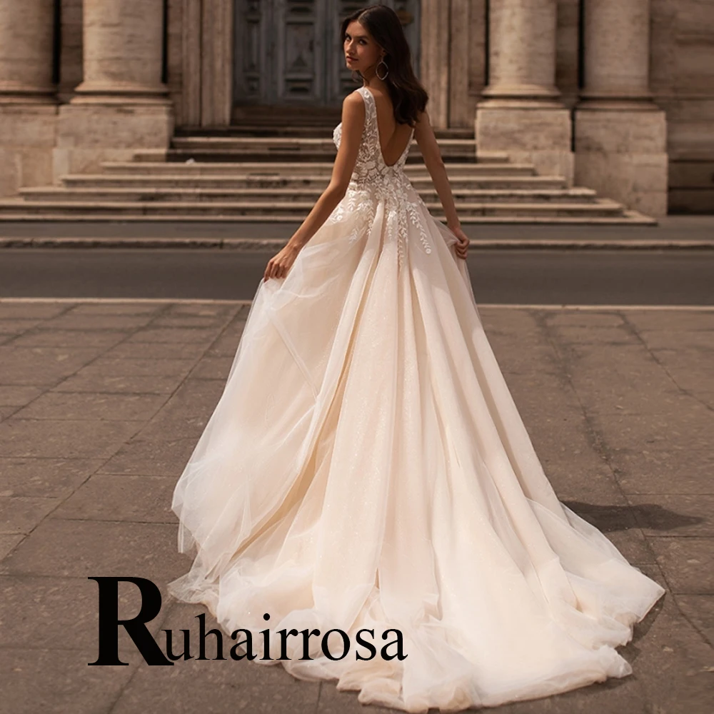 

Ruhair Elegant Backless Tank Illusion Tulle Wedding Dresses For Women Appliques Lace Formal Brides Gown Vestido De Casamento