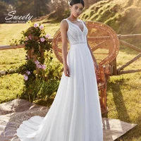 boho wedding dress chiffon and lace with floor length sleeveless o neck simple bride dresses button back plus vestido de novia