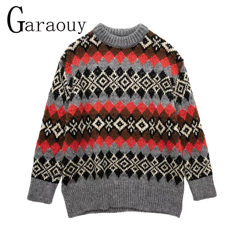 

Garaouy 2022 Vintage Sweaters Women Knit Pullover Winter Rhombus Jumpers Femme Loose Christmas Knitwear Casual Pull Mujer Tops