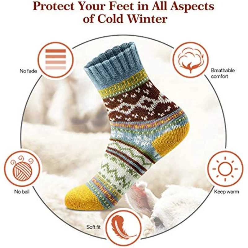 5 Pairs Women Socks Winter Gifts for Men Warm Thick Soft Wool Socks Christmas Gifts Socks Cozy Crew Socks Cute Socks