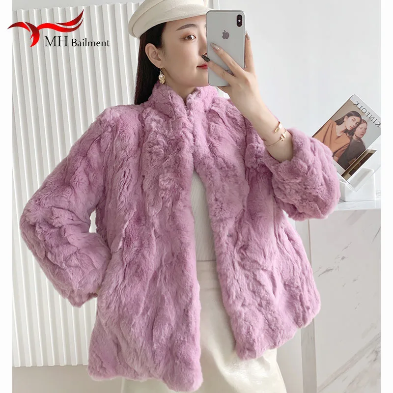 Genuine Rabbit Fur Coats Women 2022 Winter New Solid Fashion Natural Wholeskin Fur Jackets Short Stand Collar Coat Female