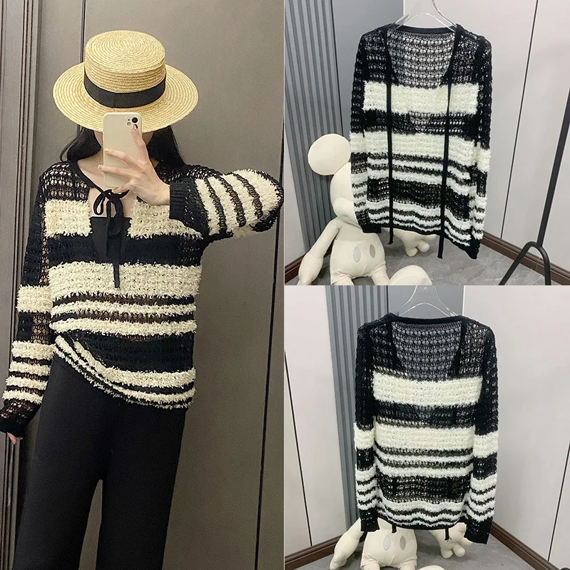 

High Quality Striped Sweater Spring Womens 2023 New High-grade Fried Street Hollow Sweater French Milk Gentle Top