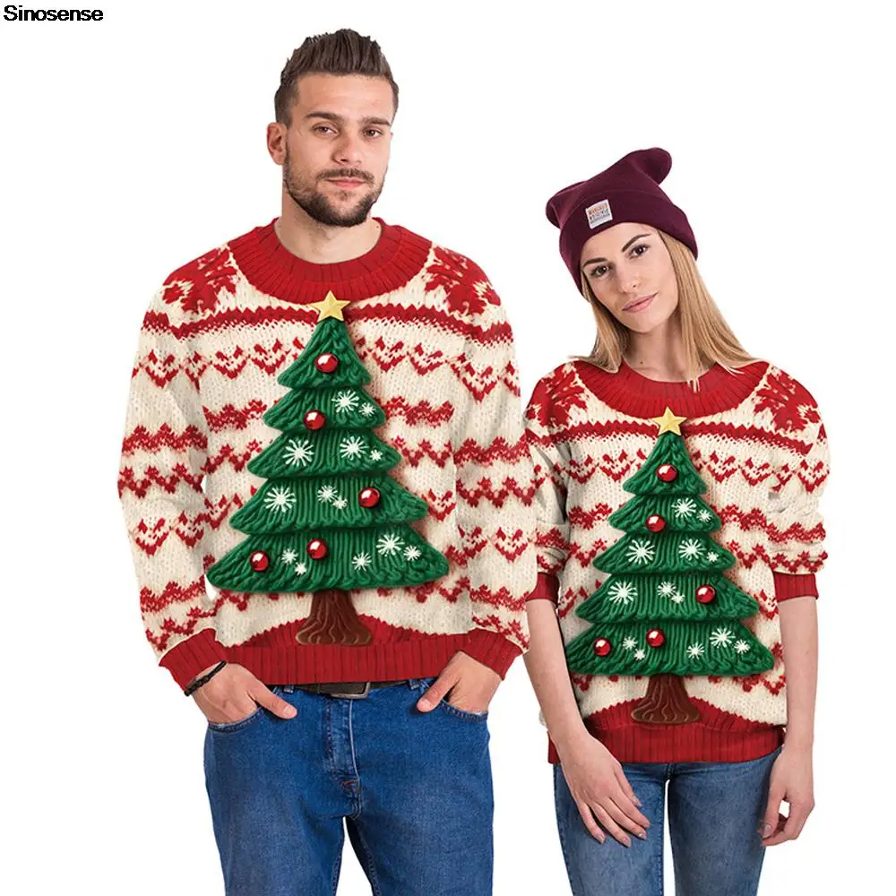 

Men Women Autumn Winter Ugly Christmas Sweater Xmas Jumpers Tops 3D Christmas Tree Printed Holiday Party Crew Neck Sweatshirt