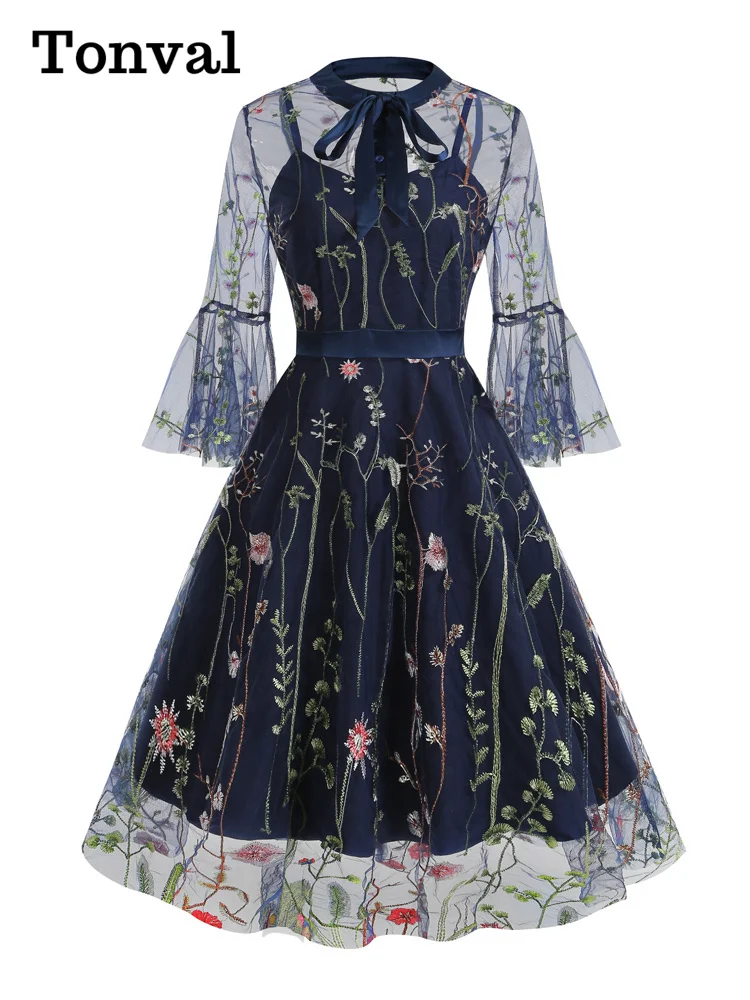

Женское винтажное платье с вышивкой Tonval, длинное Сетчатое многослойное платье с рукавом 3/4 и вышивкой, осеннее платье