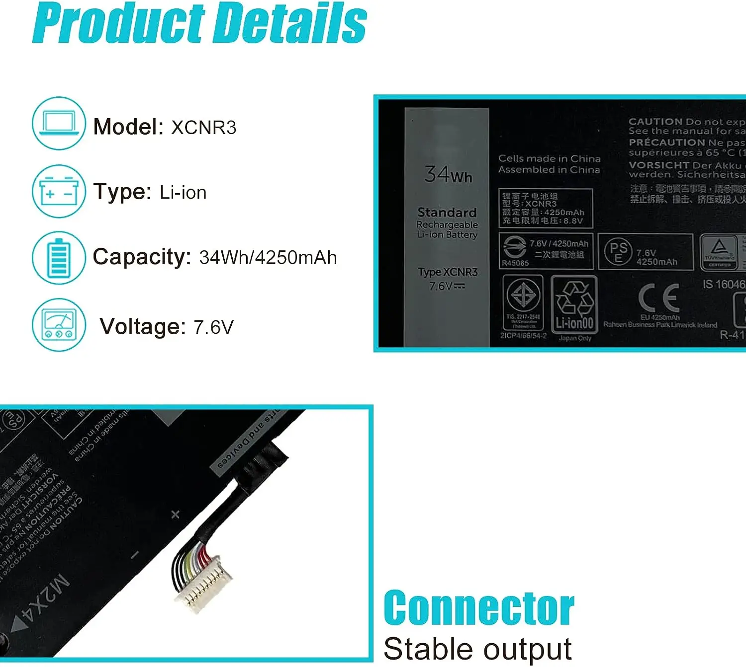 Аккумулятор XCNR3 для замены в ультрабуке Dell Latitude 13 7370 серии 0XCNR3 WY7CG WV7CG 0WV7CG 7.6В 34Втч4250мАч 4-элементный. (art.: 3920dcd4194bd) - 3920dcd4194bd