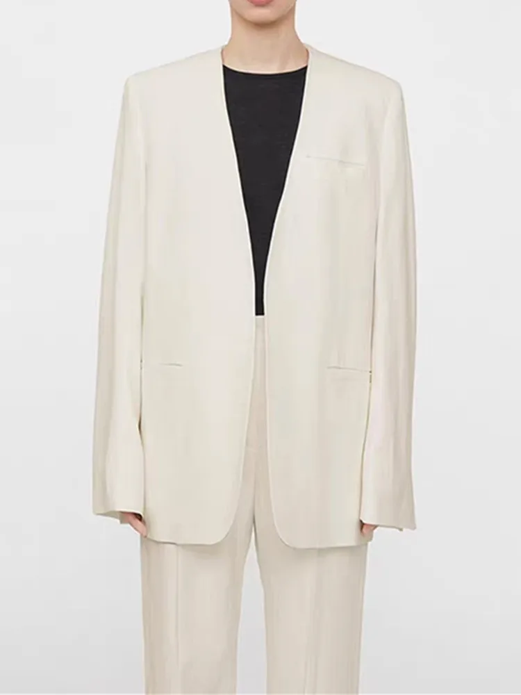 

Осень 2023, женский силуэт блейзер с v-образным вырезом, минималистичный дизайн без пуговиц, свободный облегающий прямой простой женский костюм, пальто