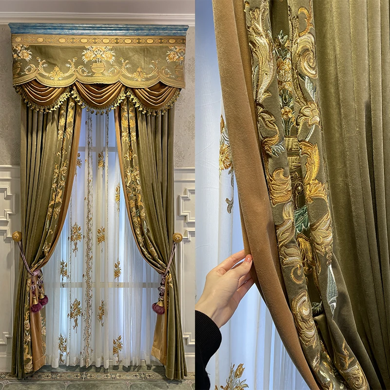 

European Luxury Olive Green Embroidery Velvet Splicing Blackout Curtains for Living Room Bedroom French Window Screen