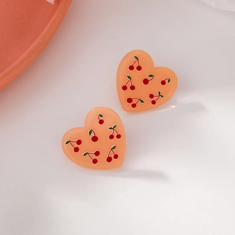 

VSnow Sweet Pink Color Love Heart Cherry Dangle Earring for Women Trendy Korean Acrylic Drop Earring Jewellery Accessories