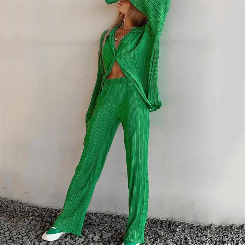 Повседневная Женская рубашка, плиссированный комплект из двух предметов, зеленые свободные брюки с высокой талией и широкими штанинами, эл...