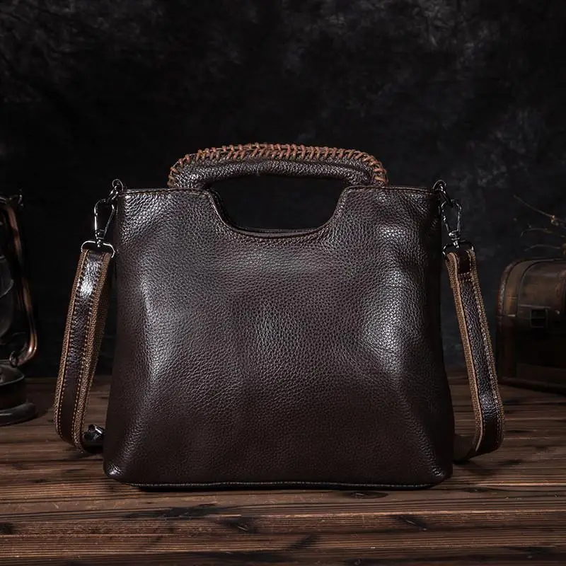 

Vintage Women's Bag Leather Lychee Pattern Handmade First Layer Cowhide Handbag Commuting Business Simple Fashion Shoulder Bag