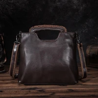 vintage womens bag leather lychee pattern handmade first layer cowhide handbag commuting business simple fashion shoulder bag