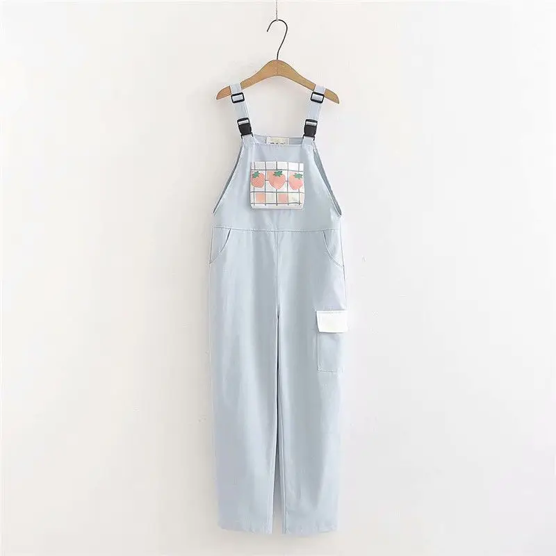 

Kawaii Strap Pants Women Sweet Plaid Strawberry Print Leisure Trousers Female Pink Overalls Girls Cute Vintage Jumpsuit