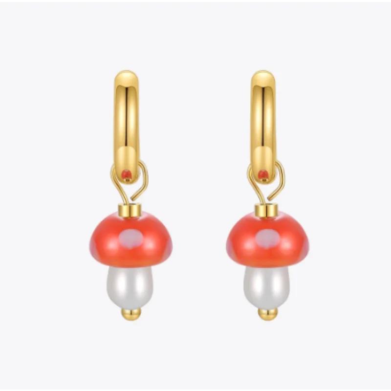 

Small Mushroom Titanium Drop Earrings Women's Resin Fashion Jewellery Gold Coloured Earrings Stainless Steel Christmas Pendant