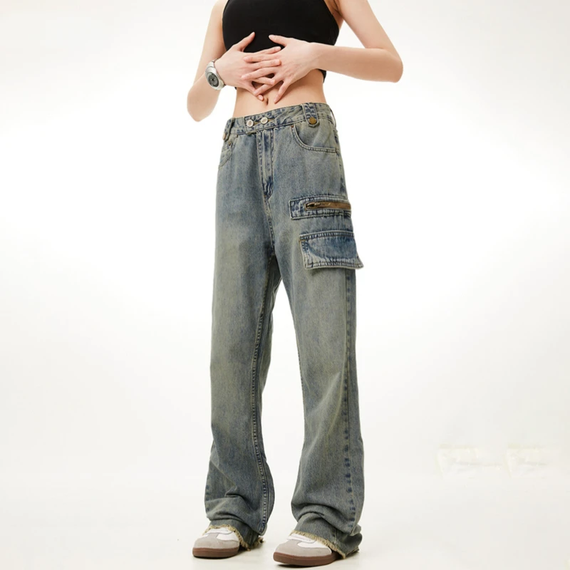 

Fashion Women's Jeans Full Length Patchwork High Waist Loose Pocket Basic Straight Denim Pants Spring 2023 Trend New