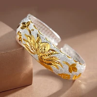 s925 sterling silver gilt lotus heart sutra ladies bangle ethnic wide face frosted high jewelry boutique luxury gift
